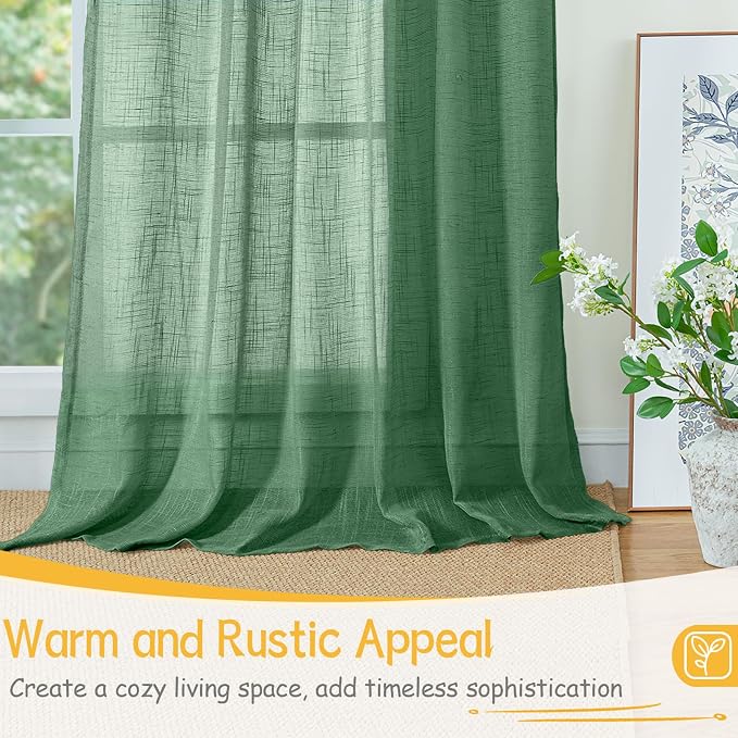 YoungsTex Green Linen Semi Sheer Curtains 72 Inch Length - Light Filtering Drapes with Back Tab Rod Pocket Lightweight for Living Room Window, 2 Panels, 52 X 72 Inch