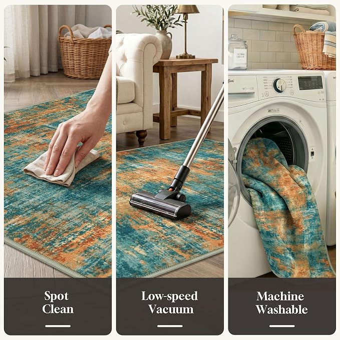 Lansny Abstract Washable 2x6 Hallway Runner Rug Non Slip Kitchen Runner | Teal/Orange;Thin Printed Faux Wool Rug Runners;Entryway Runner Indoor;Rubber Backed 6ft Carpet Runners;Bedroom Runner