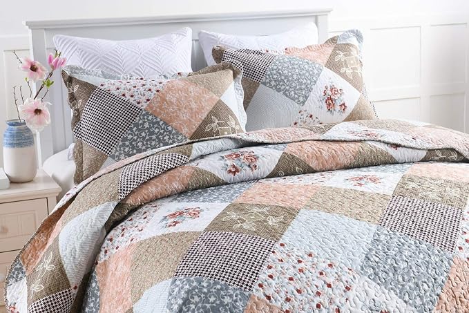 Travan 3-Piece King Quilt Set Quilted Bedspread Lightweight Reversible Coverlet Set Floral Printed Quilted Bedding Set with Shams for All Season, Brown Floral, King Size