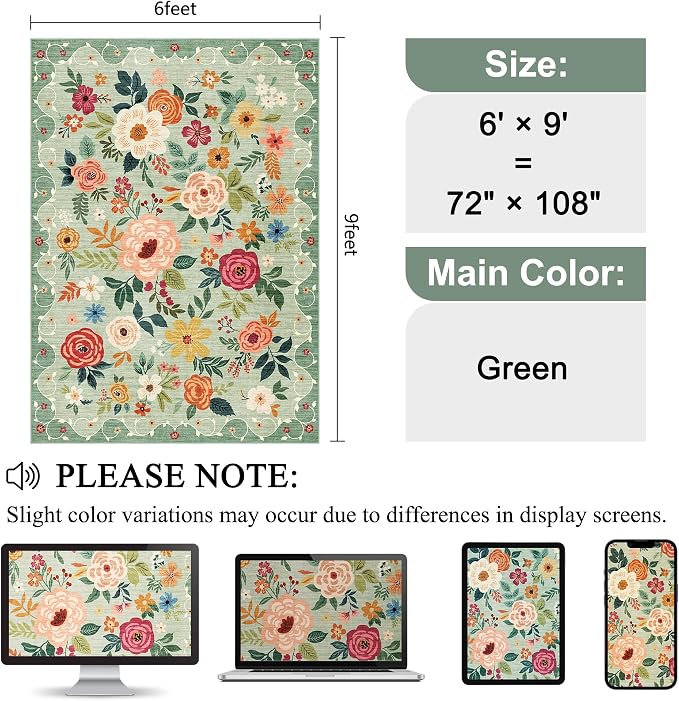 DUKINO 6x9 Area Rugs, Floral Washable Rug for Bedroom Non Slip, Green | Soft, Low Pile, Large Indoor Rug for Living Room, Dining Room, Kids Room, Office, Pet Friendly, Home Decor, Stain Resistant