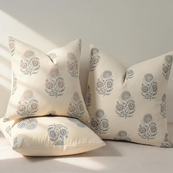 Vintage Floral Print Euro Sham Pillow Covers 24x24 Set of 2 Patterned Accent Decorative Cushion Covers Modern Farmhouse Throw Pillow Covers for Bed Sofa Couch Chair Living Room Home Decor, Dusty Blue