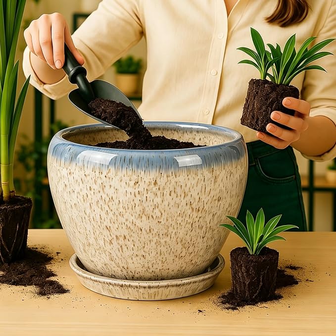 Deep Dream 10 Inch Plant Pot- Ceramic Planter Pot Round Plant Pots for Indoor Plants Outdoor Large Flower Pot with Drainage Holes & Trays, Beige&Blue