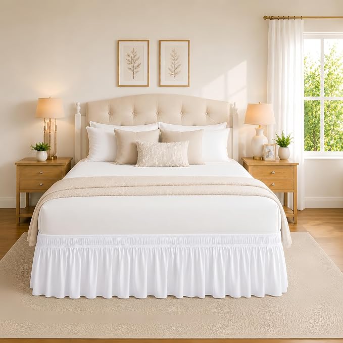 White Bed Skirt Queen Size 14 Inch Drop, Elastic Wrap Around Bedskirt | Solid Ruffled, Easy to Use, No Mattress Lifting, Wrinkle & Fade Resistant, with Adhesive Strips, Machine Wash/Dry/Iron