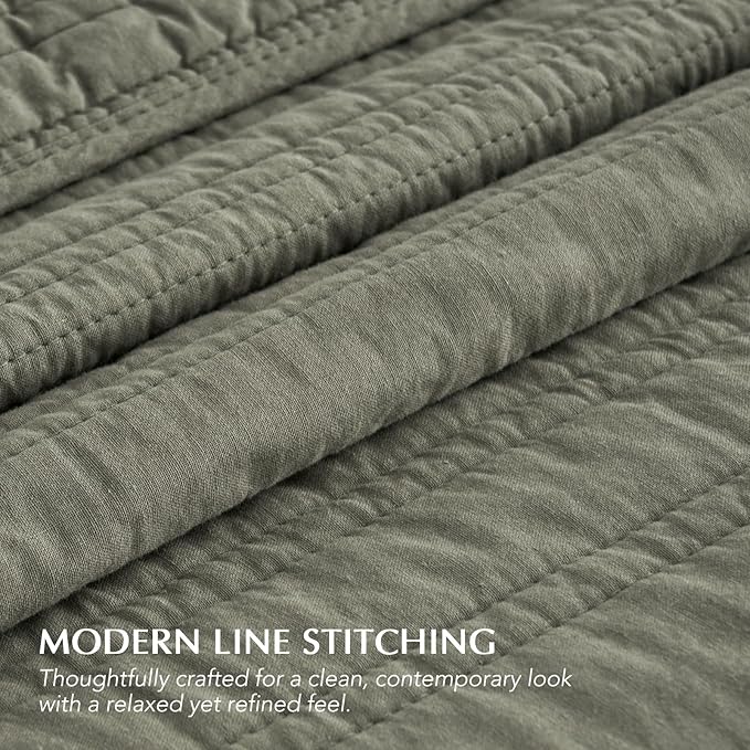 EVERGRACEHOME 100% Cotton Modern Lines Quilt Set King Size, Olive Green | Pre-Washed Soft Cotton, Striped Coverlet Bedspread, 3 Piece Lightweight Bedding Set for All Season, with 2 Pillow Shams