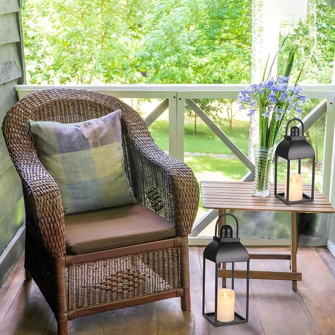 Lanterns Decorative Outdoor Indoor, 17'' 13'' Black Metal Outdoor Lanterns | Set of 2 Modern Farmhouse Candle Lantern Decor Rustic Lanterns Centerpieces for Patio, Front Porch, Mantel, Wedding, No Glass