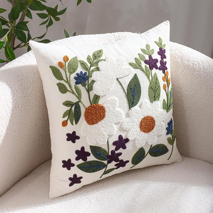 Embroidered Throw Pillow Covers 18x18 Pack of 2 Green Leaves Daisy Pillow Covers Floral Pillowcases Farmhouse Pillow Cushion Cases Square Flower Boho Pillow Case Summer Decor
