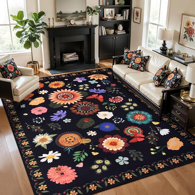 Ciicool Large 5x7 Area Rugs for Living Room Floral Boho Washable Rug | Soft Low-Pile Carpet for Bedroom Dining Room Kids Nursery Home Office Playroom Carpets Decor