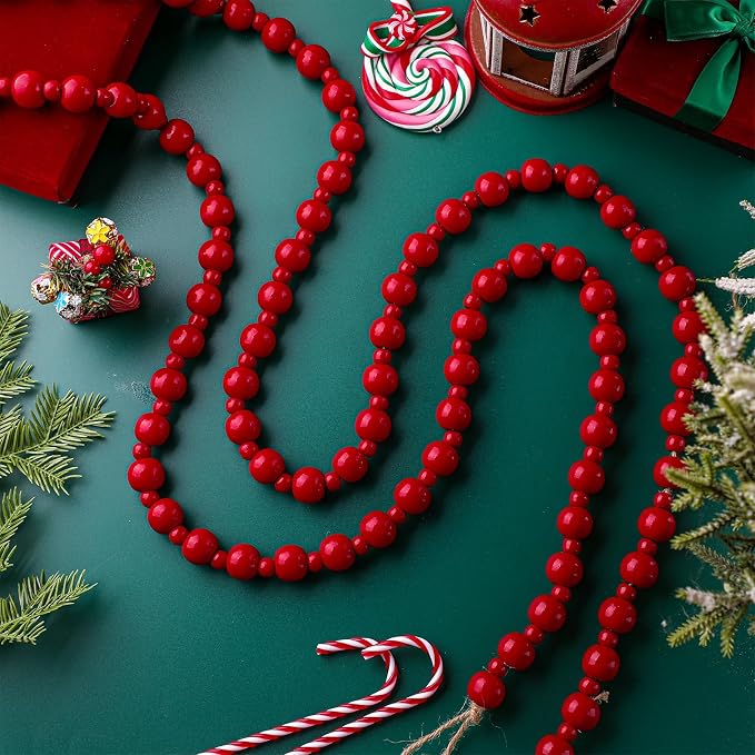 Yinder 2 Pcs/ 14.4 Feet Christmas Wooden Beads Garland, Dark Red