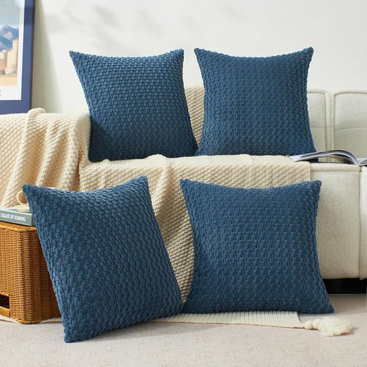 Kevin Textile Throw Pillow Covers Pack of 4 Spring Super Soft Boho Corduroy Decorative Pillow Covers Cases Solid Color Plush Texture Throw Pillows for Sofa Couch Chair 20x20 Inch, Dusty Blue