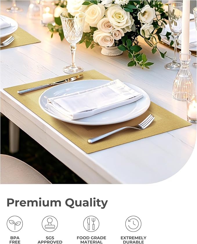 Leetaltree Gold Frame Placemats Set of 4 - Heat Resistant Non-Slip Place Mats for Dining Table, Washable Durable PVC Vinyl Woven Table Mats（Gold Frame, 4）