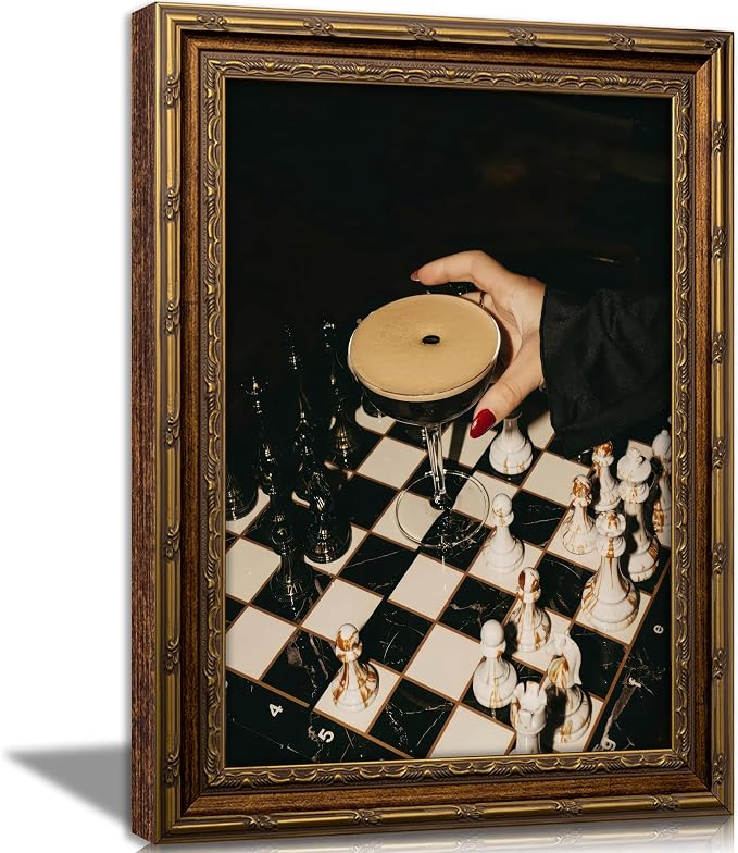 Vintage Gold Framed Martini Bar Wall Art, Moody Cocktail and Chess Canvas Print, Dark Espresso Martini Painting Picture, Chessboard Aesthetic Poster Print Artwork for Kitchen Dining Room Home Bar