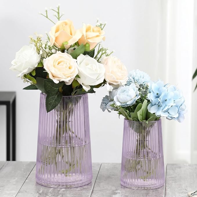 Ribbed Flower Vases Set of 2, Purple Vases for Flowers, Flower Vase for Bouquet, Modern Ribbed Glass Vase for Living Room, Bedroom, Dining Table, Office, Wedding, Centerpieces
