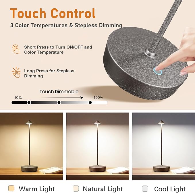 Cordless Rechargeable Led Table Lamp Battery Operated Light Charcoal Gray 2