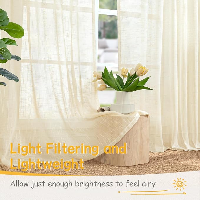 YoungsTex Beige Linen Semi Sheer Curtains 63 Inch Length, Light Filtering Drapes Textured with Rod Pocket Back Tab for Bedroom Living Room Window Lightweight, 2 Panels, 52 X 63 Inch