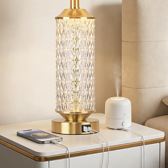 QiMH Glass Table Lamps Set of 2, Modern Gold Beside Lamps for Living Room