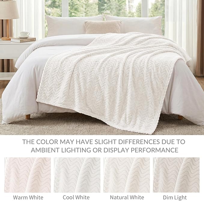 Exclusivo Mezcla Soft Fleece Blanket King Size for Bed, Sofa, Ivory | 90"x104" Breathable Lightweight Flannel Blanket for Summer, Plush Cozy Jacquard Wave for Home Decor