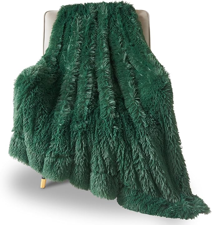 GONAAP Fuzzy Faux Fur Throw Blanket for Couch, Dark Green, 50"x60" | Warm Cozy Plush Shaggy Decorative Reversible Thick Non-Heated Fleece Blanket for Sofa Bed, Gift for Women Men, All Season Use