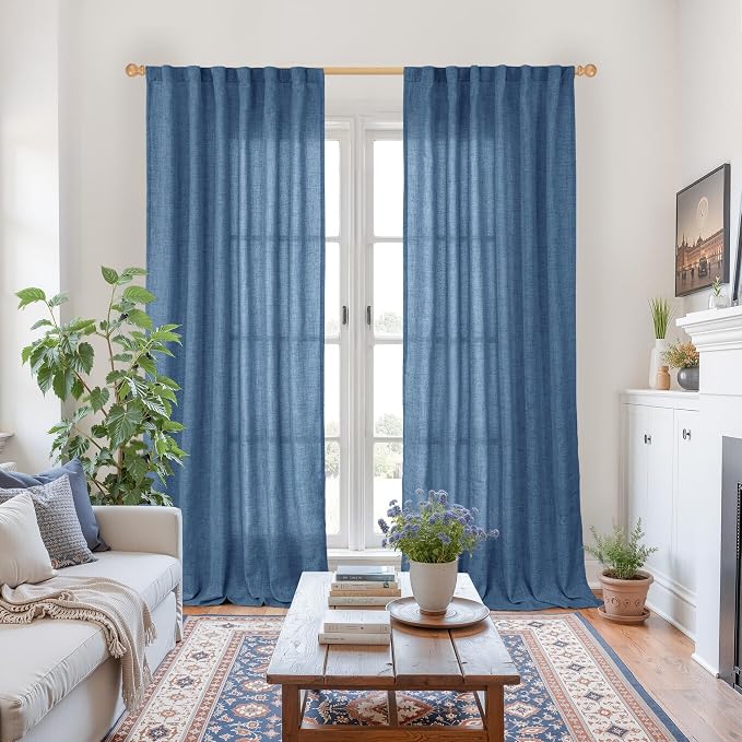 YoungsTex Navy Linen Curtains 90 Inch Length for Living Room, Dark Blue Semi Sheer Drapes with Rod Pocket Back Tab Light Filtering for Office Bedroom Windows, 2 Panels, 52 X 90 Inch