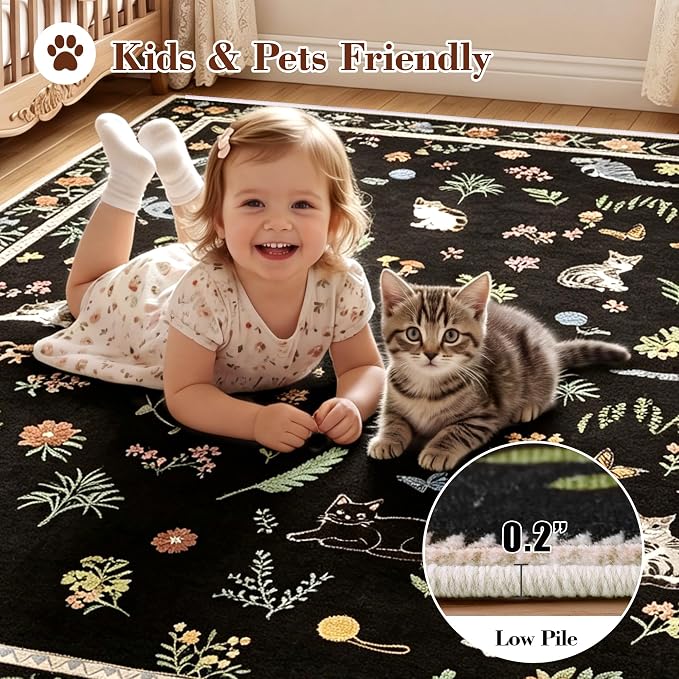 AIMPEAK Black 6x9 Washable Area Rug - Non Slip Low Pile Cat Floral Boho Vintage Carpet for Living Room, Bedroom, Farmhouse, Dining Room, Nursery, Girls Room, Kids Playroom, Black Multi