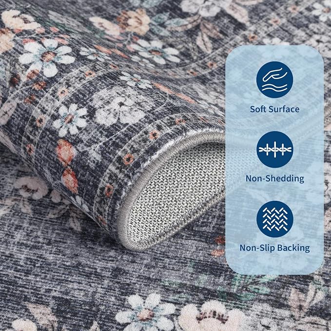 GarveeHome 6ft Large Round Rug for Living Room Distressed Floral Carpet | Vintage Flower Bordered Bedroom Rug Machine Washable Non-Slip Blue Area Rug for Conference Room Nursery Guest Room