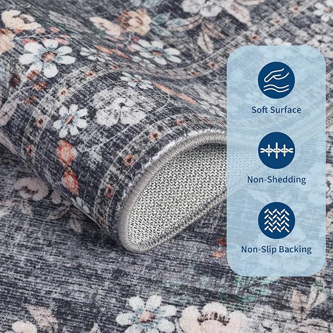 GarveeHome Vintage 2x6 Runner Rug for Hallway Boho Flower Floor Carpets | Non-Slip Machine Washable Accent Mats Botanical Bathroom Runners Low Pile Floral Area Rugs for Kitchen Bedside Blue