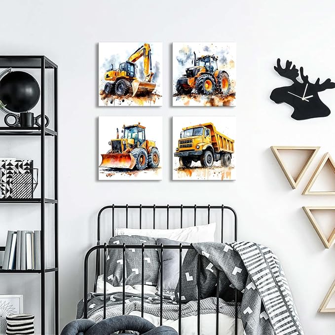 Cartoon Vehicles Canvas Wall Art Construction Room Decor for Boys Heavy Equipment Excavator Truck Tractor Pictures Kids Playroom Transport Car Poster Modern Artwork Nursery Bedroom Decoration 12x12”4P