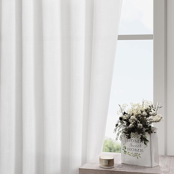 White Short Linen Curtains 60 inches Long 2 Panels Set Back Tab Rod Pocket Elegant Farmhouse Style Light Airy Semi Sheer Linen Curtains for Kitchen Bathroom Cafe Loft Room Decorative 52x60
