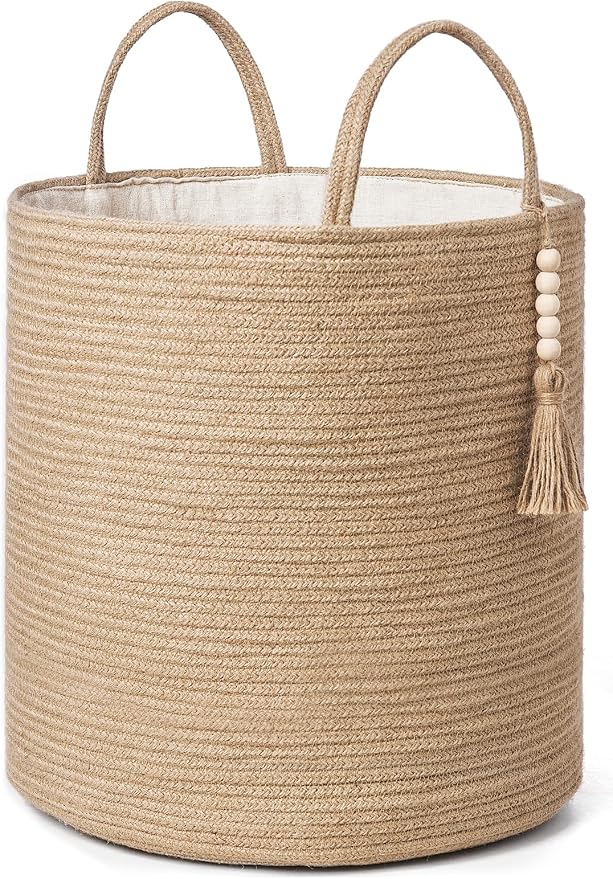 Mkono Woven Storage Basket for Blanket, Toys Plant Organizer, 15"W x 17.7"L | Brown, Jute, 51L Large Capacity, Shipped Folded with Reshape Guide, Soft Woven Bin for Blankets Toys Plant Pot Cover