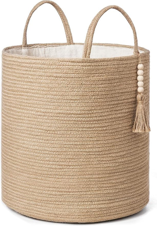 Mkono Woven Storage Basket for Blanket, Toys Plant Organizer, 15"W x 17.7"L | Brown, Jute, 51L Large Capacity, Shipped Folded with Reshape Guide, Soft Woven Bin for Blankets Toys Plant Pot Cover