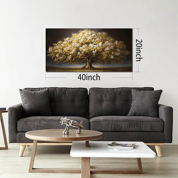DNIEOTU Tree Wall Art for Living Room, White Flower and Gold Leaves Canvas Wall-Decor for Bedroom, Landscape Picture Prints for Hallway Office, Size 40 x 20 Inches