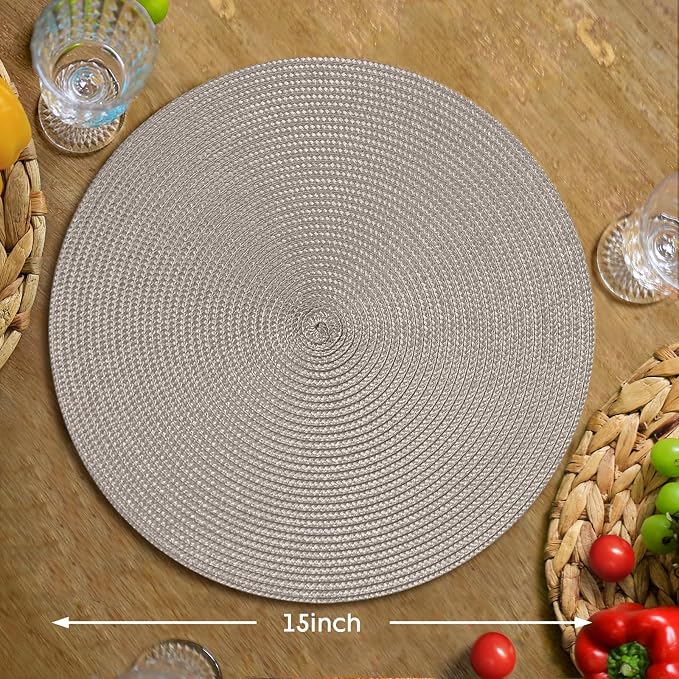 FunWheat Round Braided Placemats Set of 6 Table Mats for Dining Tables Woven Washable Non-Slip Place mats 15 inch(Taupe, 6pcs)