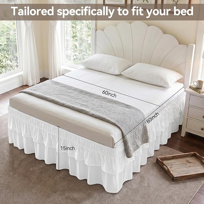 RIMELA Queen Size Wrap Around Bed Skirt, 15 Inch Drop White Double Layer Tiered Ruffle Dust Ruffle, Soft Stretchy Elastic, Wrinkle Resistant, Easy Install No Tools Needed Bedskirt