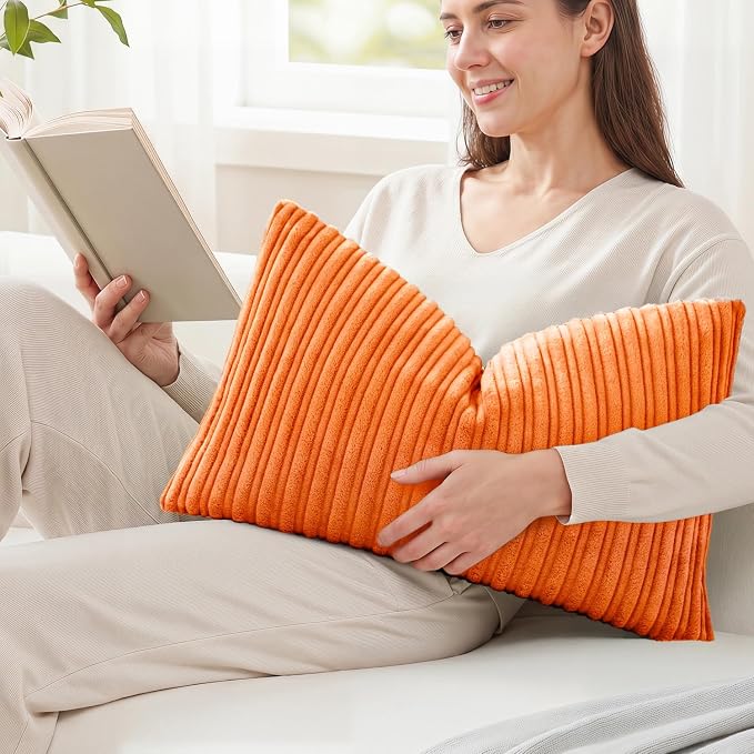 Kevin Textile Striped Corduroy 14”x36” Pillow Cover 1 Pack, Orange