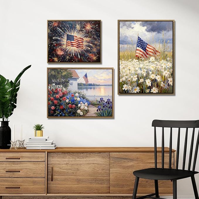 American Flag Framed Canvas Wall Art, 4th of July Patriotic Canvas Prints | Summer Cottage Landscape Poster Print, Vintage Independence Day Wall Decor for Bedroom Living Room 24×36in