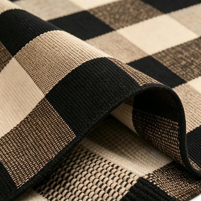 SEEKSEE Buffalo Plaid Outdoor Rug 3' x 5' Coffee and Black Front Door Mat, Layering Rug for Porch, Washable Doormat, Front Porch Rug for Outdoor Entrance Entryway Patio Porch Decor