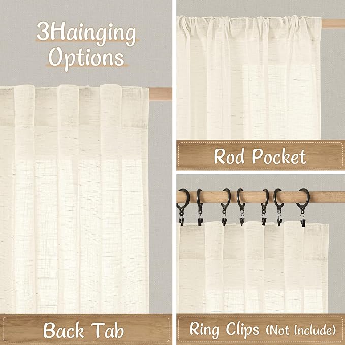 45 Inch Linen Sheer Curtains for Bedroom 2 Panels, Beige | Light Filtering, Short, Bathroom Curtains, Window Panels for Small Windows, Basement, Back Tab Rod Pocket, 34 x 45 Inch