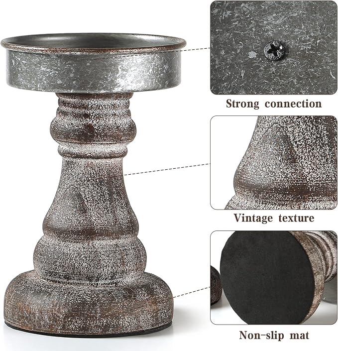 Distressed Wood & Metal Candle Holder, Set of 2 Modern Farmhouse Candlestick Holder, Farmhouse Table Decor, Rustic Decor for Mantel, Dining Table, Coffee Bar Centerpiece