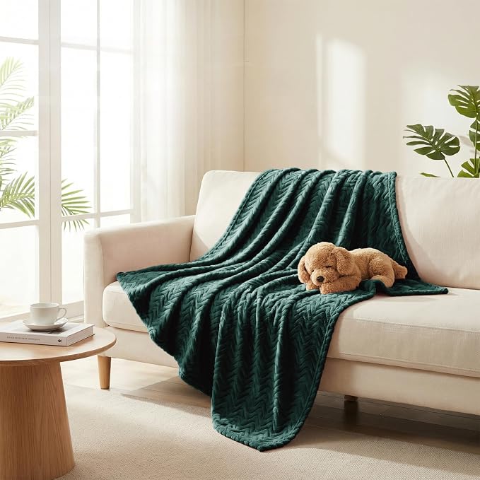 Exclusivo Mezcla Large Fleece Throw Blanket for Couch, Sofa, Forest Green | 50"x70" Soft Breathable Lightweight Flannel Throws for Summer, Plush Cozy Jacquard Wave Blanket for Home Decor