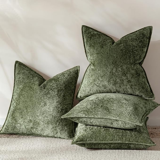 a moment Throw Pillow Covers 20X20 Inch 4 Packs,Soft Velvet Decorative Pillow Cases with 3D Ice Flower,Texture Modern Accent Cushion Covers for Sofa Couch Home Decor Moss Green