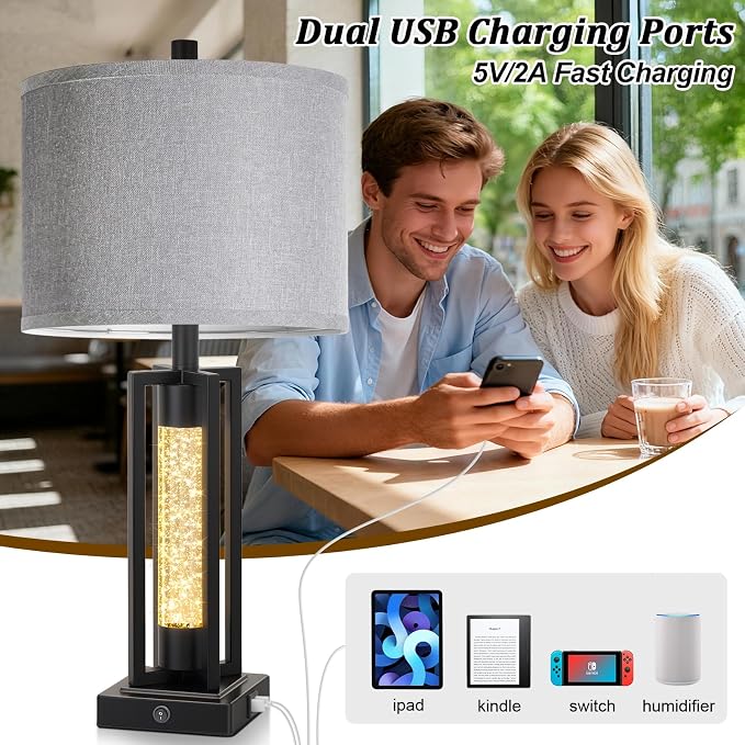 TOBUSA 26" Black Farmhouse Table Lamps Set of 2 with Crystal Night Light