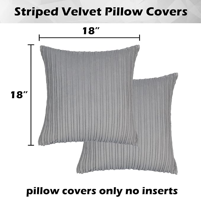 Kevin Textile Striped Corduroy 18”x18” Pillow Covers 2 Pack, Light Grey