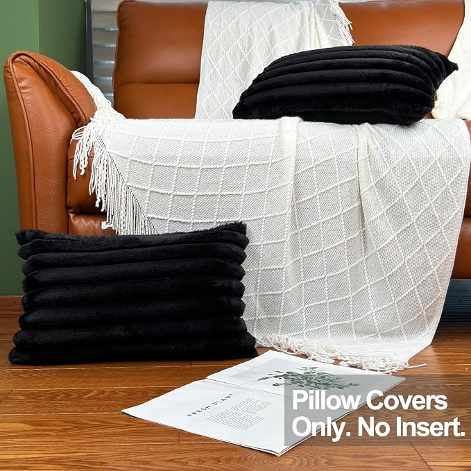 COTEY 12x20 Decorative Faux Fur Throw Pillow Covers Set of 2- Black
