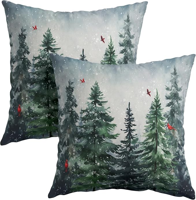 Green Tree Throw Pillow Covers Winter Snowy Forest Pillowcase 18x18 inch 2 PCS Nature Landscape Red Bird Decorative Cushion Cover for Home Patio Sofa Bedroom