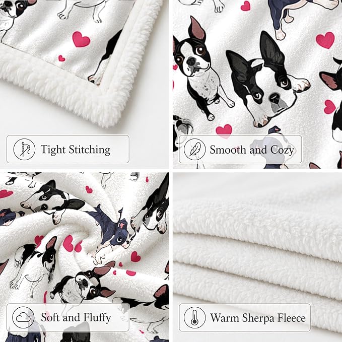 BlessLiving 60x80 Sherpa Fleece Throw Blanket, Boston Terrier | sherpa fleece. boston terrier print; for couch, bed, or sofa.