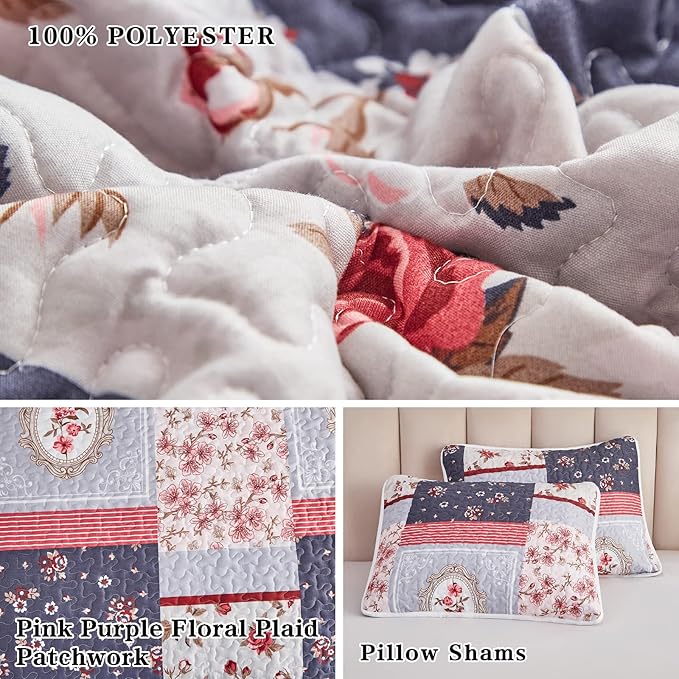 Patchwork Quilt Set King Size, 3 Pieces Pink Purple Floral Plaid Summer Bedspread Coverlet Set, Soft Microfiber Reversible Lightweight Bed Cover for All Season (102" x 90", 1 Quilt+ 2 Pillow Shams)
