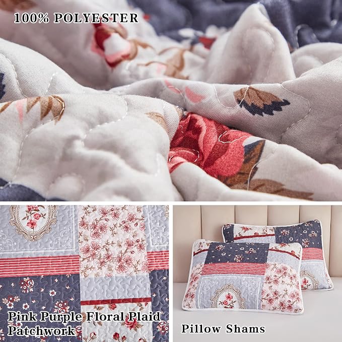 Patchwork Quilt Set Full/Queen Size, 3 Pieces Pink Purple Floral Plaid Summer Bedspread Coverlet Set, Soft Microfiber Lightweight Bed Cover for All Season (90" x 90", 1 Quilt+ 2 Pillow Shams)