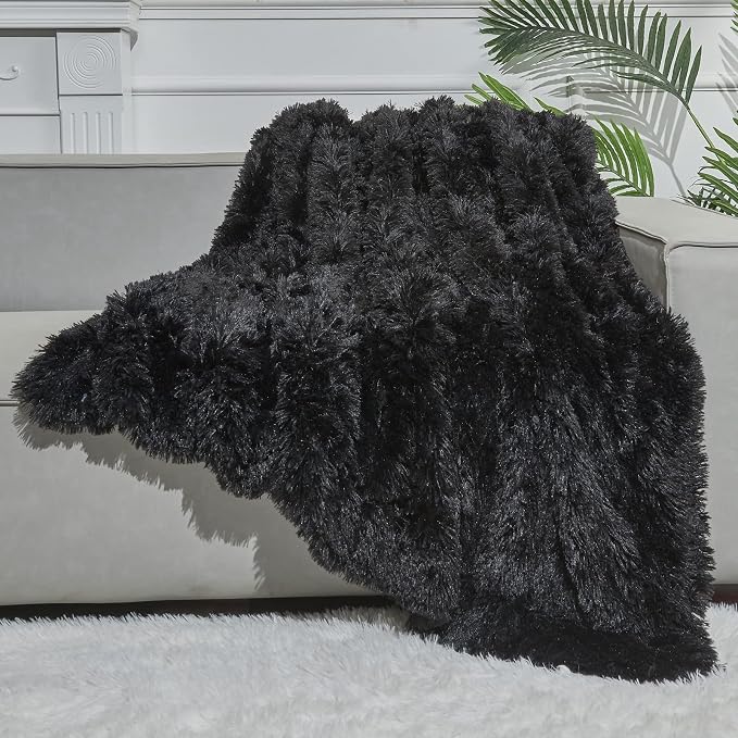 GONAAP Fuzzy Faux Fur Twin Blanket for Couch, Black, 60"x80" | Warm Cozy Plush Shaggy Decorative Reversible Thick Non-Heated Fleece Blanket for Sofa Bed, Gift for Women Men, All Season Use