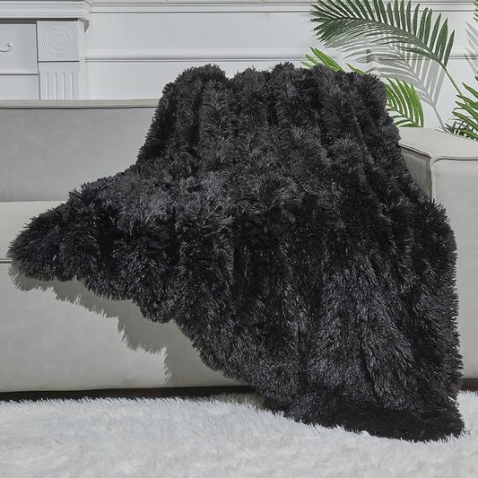 GONAAP Fuzzy Faux Fur Twin Blanket for Couch, Black, 60"x80" | Warm Cozy Plush Shaggy Decorative Reversible Thick Non-Heated Fleece Blanket for Sofa Bed, Gift for Women Men, All Season Use