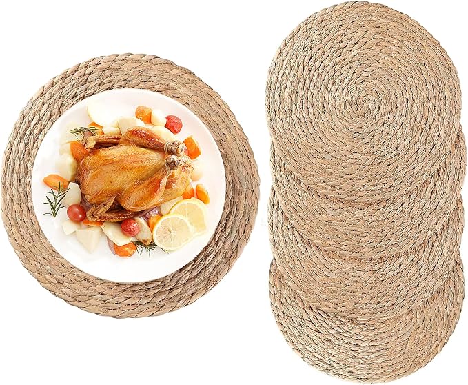 Woven Placemats Set of 4,12 Inch Medium Size Rattan Placemats Wicker Place MatsNatural Farmhouse Jute Braided Table Runnerfor Kitchen Countertops Medium Size Please Choose Carefully