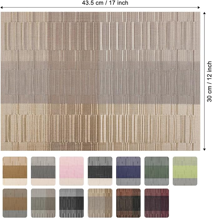 Placemats Set of 8, Vinyl Woven Heat-Resistant Place Mats | Washable Wipeable PVC Table Mats, Non Slip Placemat for Kitchen Dining Indoor Outdoor Table (Gray Gold, Set of 8)